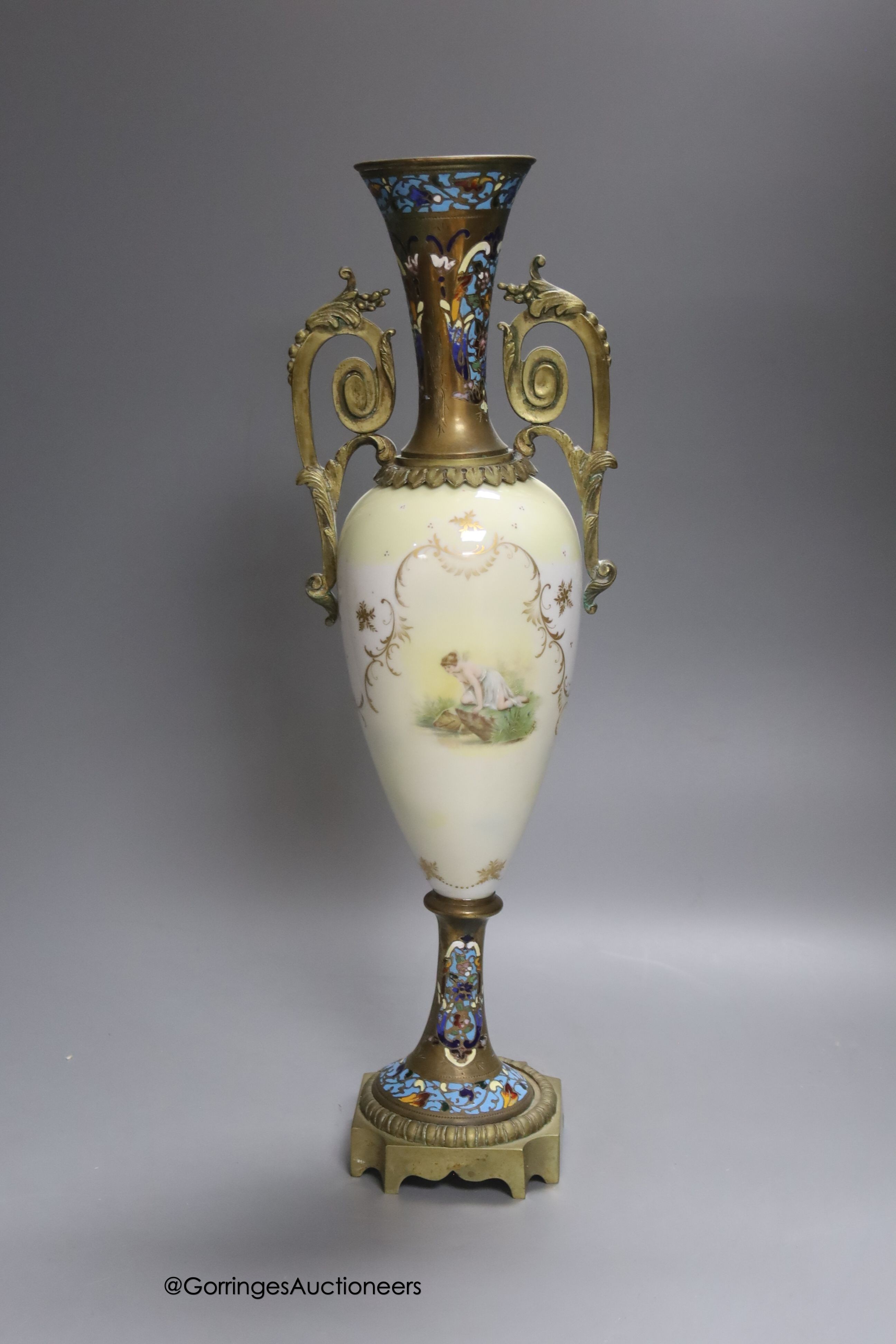 A French or Bohemian ormolu-mounted champlevé-enamel and porcelain vase, indistinctly signed by painter, height 40cm